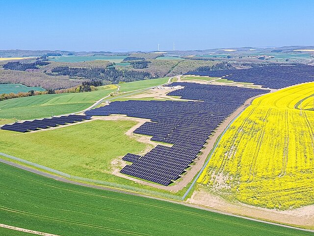 Solarpark Lohnweiler mit der Sicht auf die umliegenden Rapsfelder.
